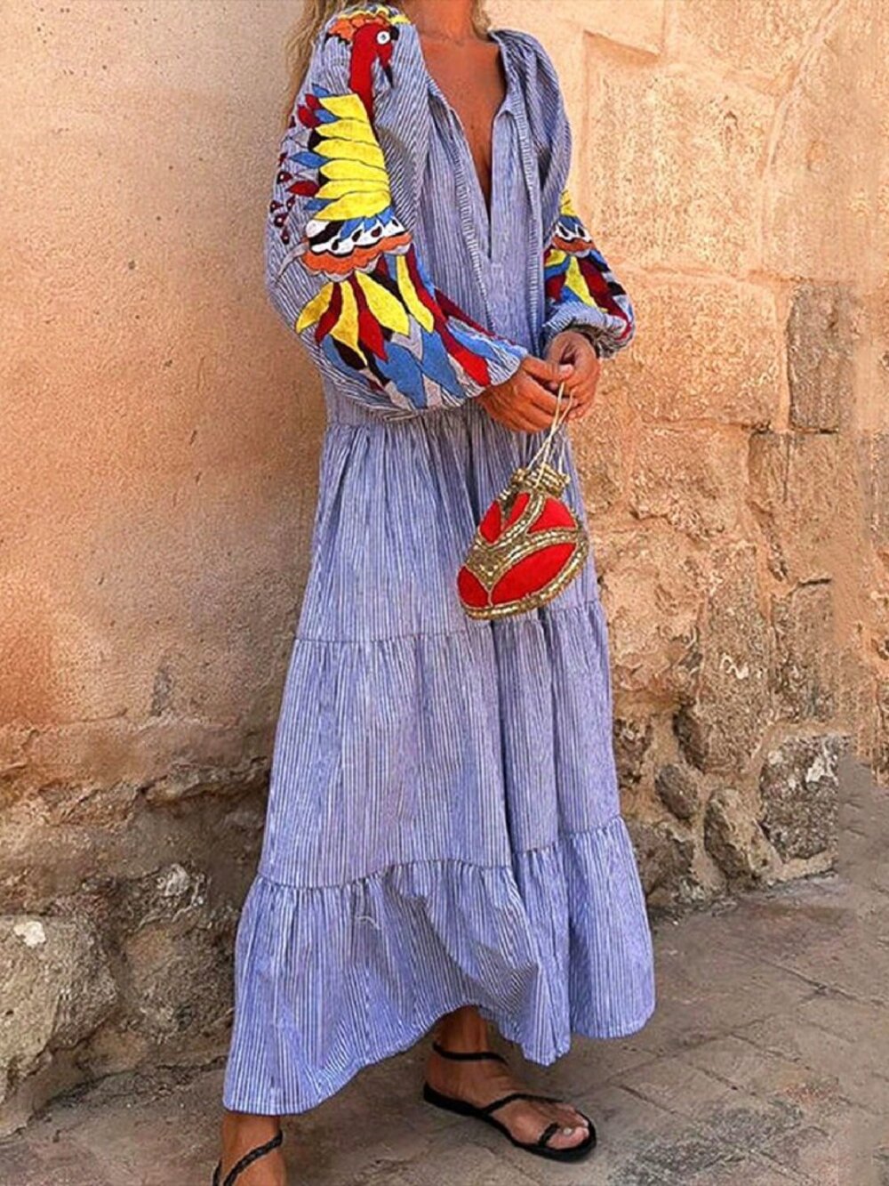 Blue Casual Women's Boho Floral Puff Sleeve Maxi Dress - Picture 4 of 10